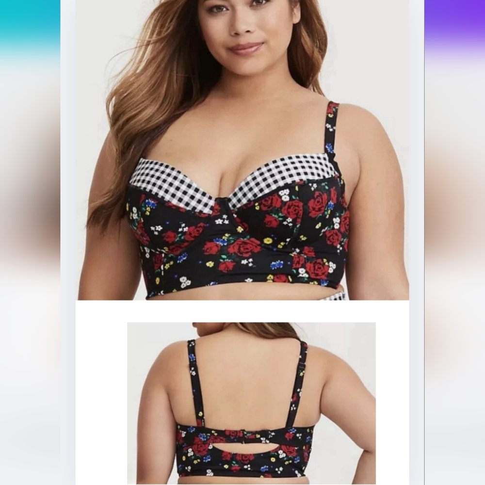 Torrid 1 Floral Gingham Underwire Bikini Top Retro Pin-Up Sexy C- 2201